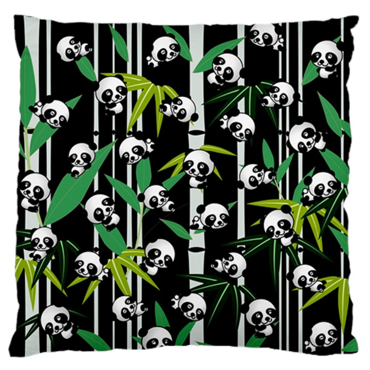 Satisfied And Happy Panda Babies On Bamboo Large Flano Cushion Case (Two Sides)