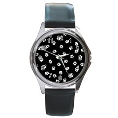 Footprints Dog White Black Round Metal Watch by EDDArt