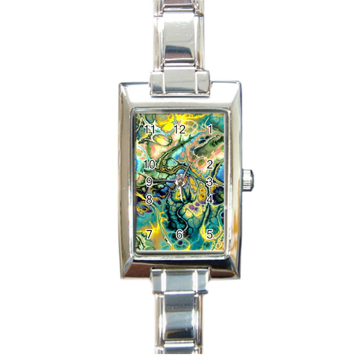 Flower Power Fractal Batik Teal Yellow Blue Salmon Rectangle Italian Charm Watch