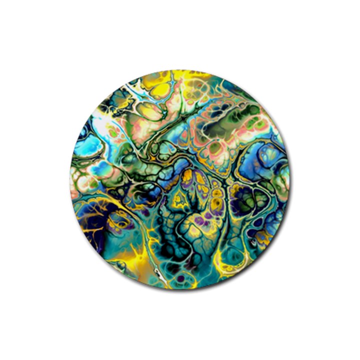 Flower Power Fractal Batik Teal Yellow Blue Salmon Rubber Round Coaster (4 pack) 