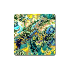 Flower Power Fractal Batik Teal Yellow Blue Salmon Square Magnet by EDDArt