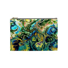 Flower Power Fractal Batik Teal Yellow Blue Salmon Cosmetic Bag (medium)  by EDDArt