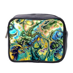 Flower Power Fractal Batik Teal Yellow Blue Salmon Mini Toiletries Bag 2-side by EDDArt