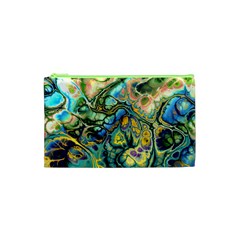 Flower Power Fractal Batik Teal Yellow Blue Salmon Cosmetic Bag (xs) by EDDArt