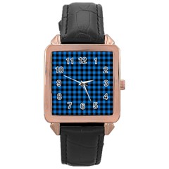 Lumberjack Fabric Pattern Blue Black Rose Gold Leather Watch  by EDDArt