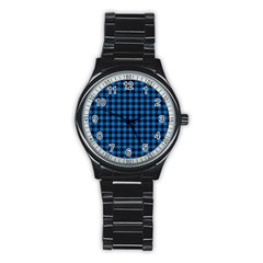 Lumberjack Fabric Pattern Blue Black Stainless Steel Round Watch by EDDArt