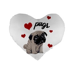 Love Pugs Standard 16  Premium Flano Heart Shape Cushions by Valentinaart