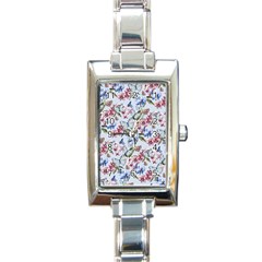 Watercolor Flowers Butterflies Pattern Blue Red Rectangle Italian Charm Watch by EDDArt