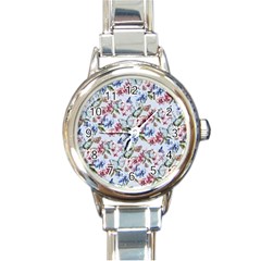 Watercolor Flowers Butterflies Pattern Blue Red Round Italian Charm Watch by EDDArt