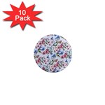 Watercolor Flowers Butterflies Pattern Blue Red 1  Mini Magnet (10 pack)  Front