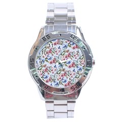 Watercolor Flowers Butterflies Pattern Blue Red Stainless Steel Analogue Watch by EDDArt