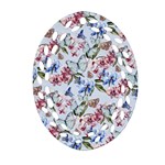 Watercolor Flowers Butterflies Pattern Blue Red Ornament (Oval Filigree) Front