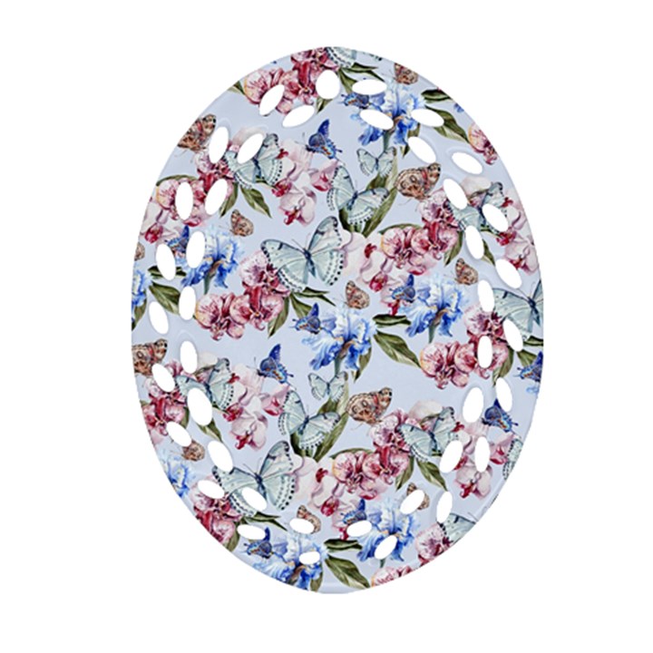 Watercolor Flowers Butterflies Pattern Blue Red Ornament (Oval Filigree)