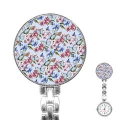 Watercolor Flowers Butterflies Pattern Blue Red Stainless Steel Nurses Watch by EDDArt