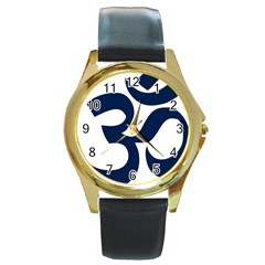 Hindu Om Symbol (dark Blue) Round Gold Metal Watch by abbeyz71