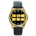 Horizontal Color Scheme Plaid Black Yellow Round Gold Metal Watch Front