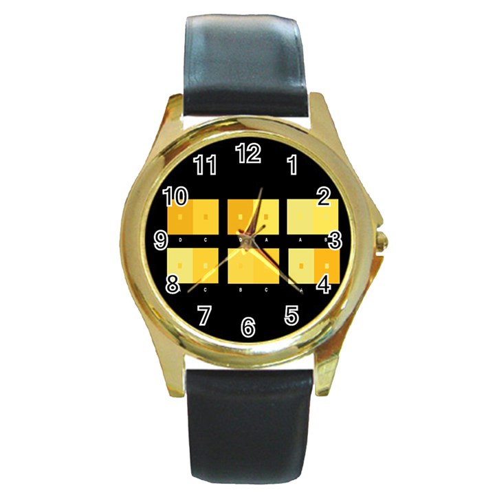 Horizontal Color Scheme Plaid Black Yellow Round Gold Metal Watch