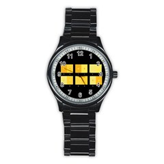 Horizontal Color Scheme Plaid Black Yellow Stainless Steel Round Watch