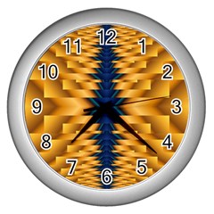 Plaid Blue Gold Wave Chevron Wall Clocks (Silver) 