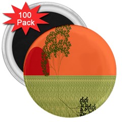 Sunset Orange Green Tree Sun Red Polka 3  Magnets (100 Pack)