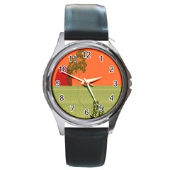 Sunset Orange Green Tree Sun Red Polka Round Metal Watch