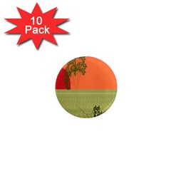 Sunset Orange Green Tree Sun Red Polka 1  Mini Magnet (10 Pack) 