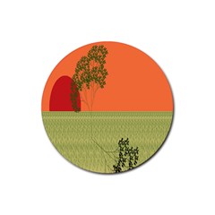 Sunset Orange Green Tree Sun Red Polka Rubber Round Coaster (4 Pack) 