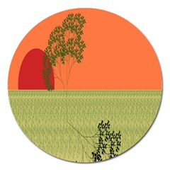 Sunset Orange Green Tree Sun Red Polka Magnet 5  (round)