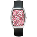 Pink Flower Pattern Barrel Style Metal Watch Front