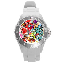 Cute Doodles Wallpaper Background Round Plastic Sport Watch (l) by Nexatart