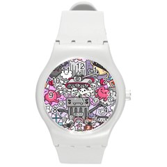 0 Sad War Kawaii Doodle Round Plastic Sport Watch (M)