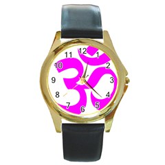 Hindu Om Symbol (magenta) Round Gold Metal Watch