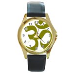 Hindi Om Symbol (Olive) Round Gold Metal Watch Front