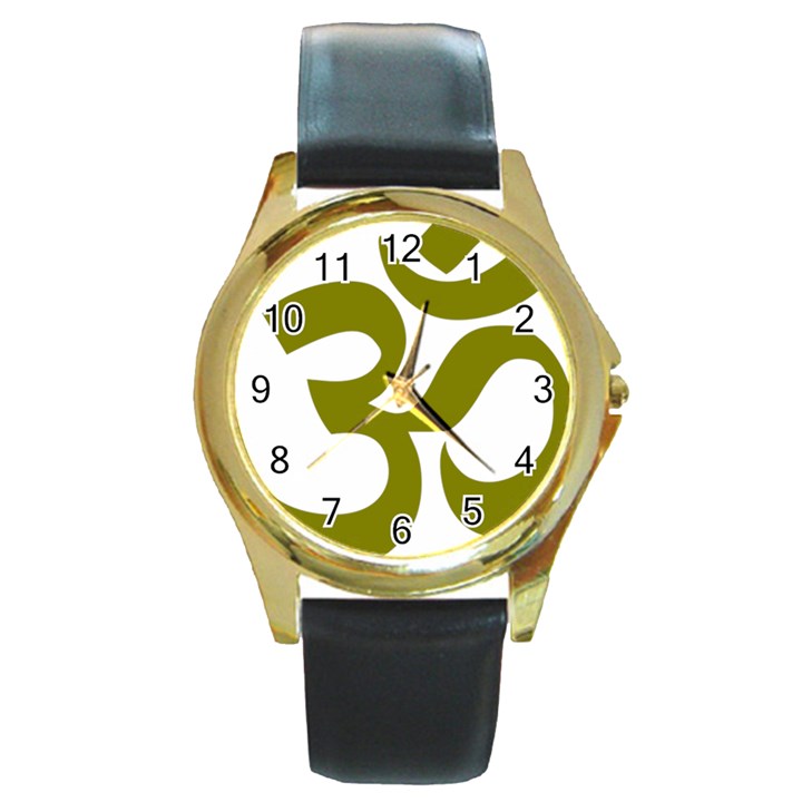 Hindi Om Symbol (Olive) Round Gold Metal Watch