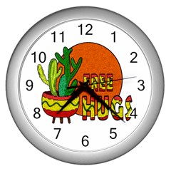 Cactus - Free Hugs Wall Clocks (silver)  by Valentinaart