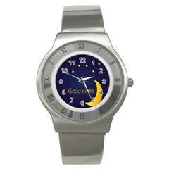 Star Moon Good Night Blue Sky Yellow Light Stainless Steel Watch by Mariart