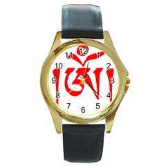 Tibetan Om Symbol (red) Round Gold Metal Watch by abbeyz71