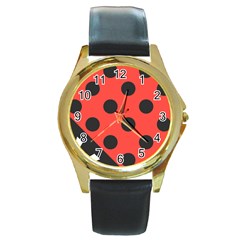 Red Black Hole White Line Wave Chevron Polka Circle Round Gold Metal Watch by Mariart