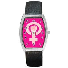 Women Safety Feminist Nail Strong Pink Circle Polka Barrel Style Metal Watch