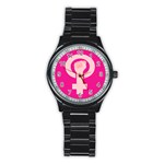 Women Safety Feminist Nail Strong Pink Circle Polka Stainless Steel Round Watch Front