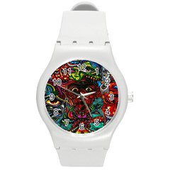 Abstract Psychedelic Face Nightmare Eyes Font Horror Fantasy Artwork Round Plastic Sport Watch (m) by Nexatart