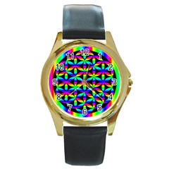 Rainbow Flower Of Life In Black Circle Round Gold Metal Watch by Nexatart