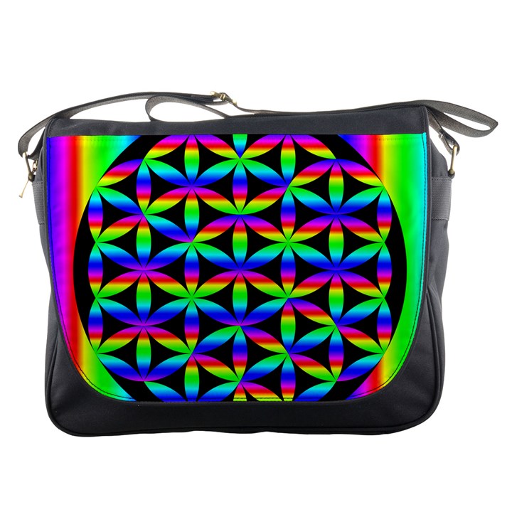 Rainbow Flower Of Life In Black Circle Messenger Bags