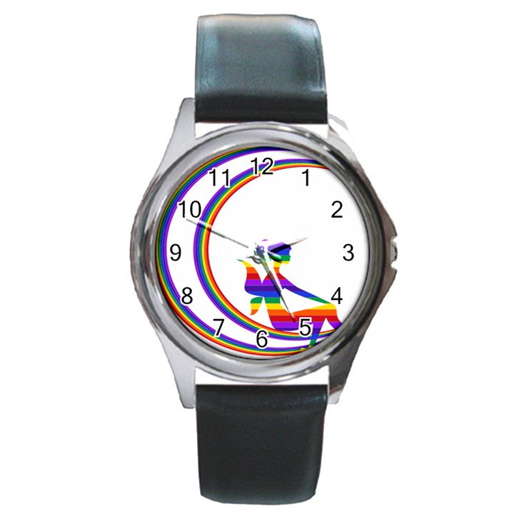 Rainbow Fairy Relaxing On The Rainbow Crescent Moon Round Metal Watch