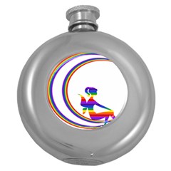 Rainbow Fairy Relaxing On The Rainbow Crescent Moon Round Hip Flask (5 Oz) by Nexatart