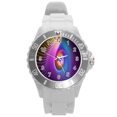 Abstract Fractal Bright Hole Wave Chevron Gold Purple Blue Green Round Plastic Sport Watch (l) by Mariart