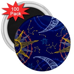 Sun Moon Seamless Star Blue Sky Space Face Circle 3  Magnets (100 Pack)