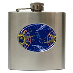 Sun Moon Seamless Star Blue Sky Space Face Circle Hip Flask (6 Oz) by Mariart