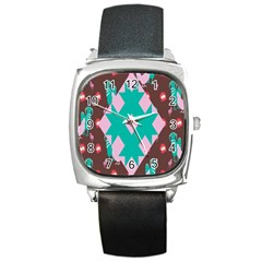 Animals Rooster Hens Chicks Chickens Plaid Star Flower Floral Sunflower Square Metal Watch