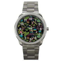 Wreaths Flower Floral Leaf Rose Sunflower Green Yellow Black Sport Metal Watch